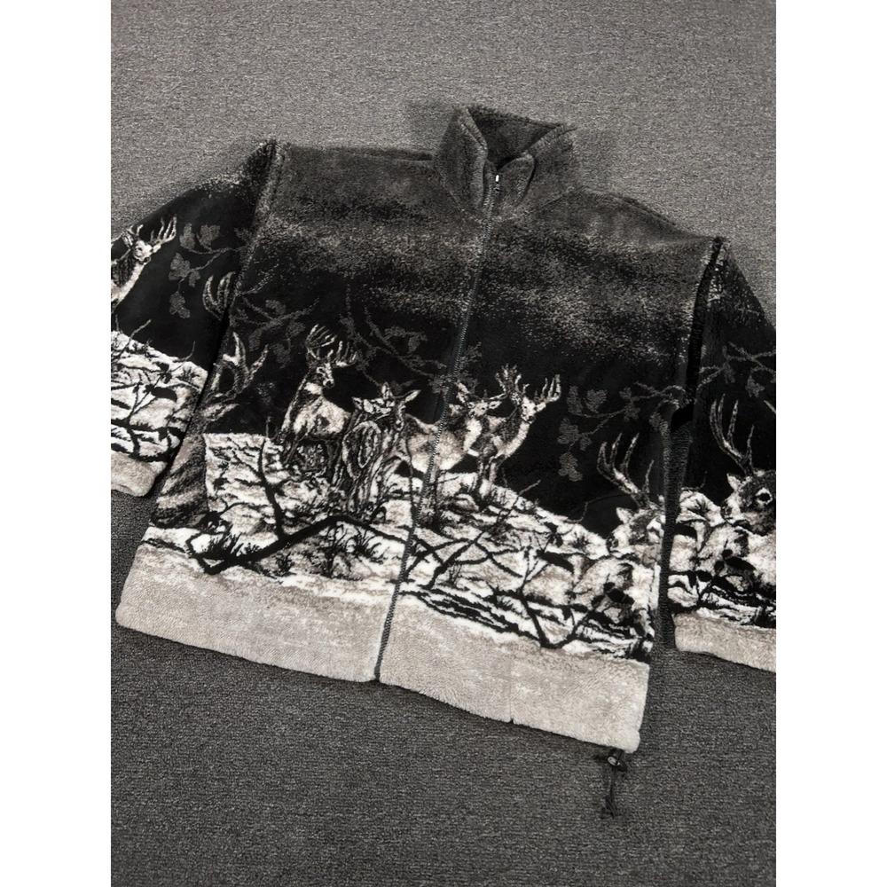 Vintage 90s Mazmania Animal Deer Print Fleece Jacket Gray Made USA Size Large